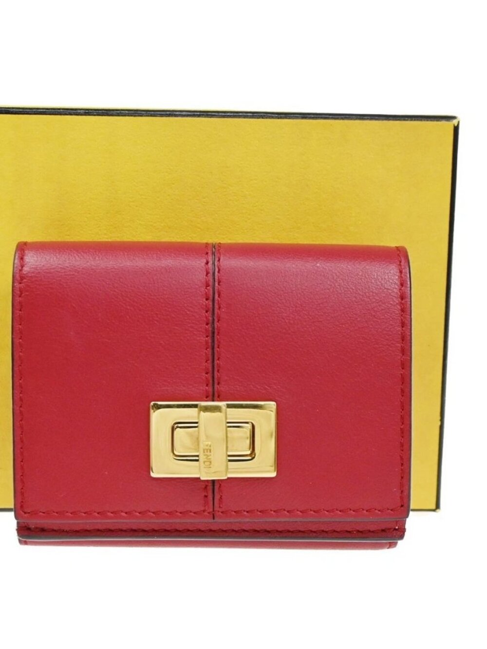 FENDI Logo Peekaboo Compact Trifold Wallet Purse Leather Red GHW Italy 30KB578